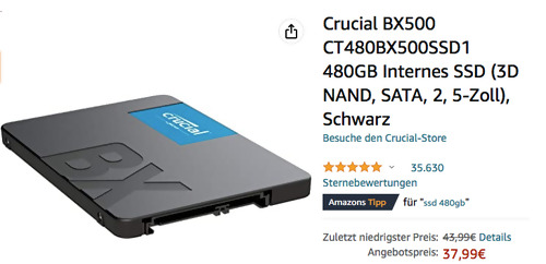 Crucial BX500 480GB interne SSD-Festplatte (3D NAND, SATA, 2, 5 Zoll) Crucial BX500 480GB interne SSD-Festplatte (3D NAND, SATA, 2, 5 Zoll)