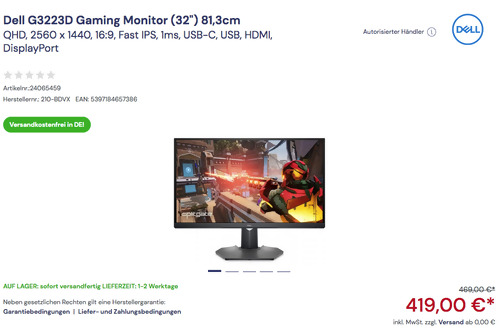 Dell G3223D (32") 81,3cm Gaming Monitor (QHD, 2560 x 1440, 16:9, Fast IPS, 1ms, USB-C, USB, HDMI, DisplayPort) Dell G3223D (32") 81,3cm Gaming Monitor (QHD, 2560 x 1440, 16:9, Fast IPS, 1ms, USB-C, USB, HDMI, DisplayPort)