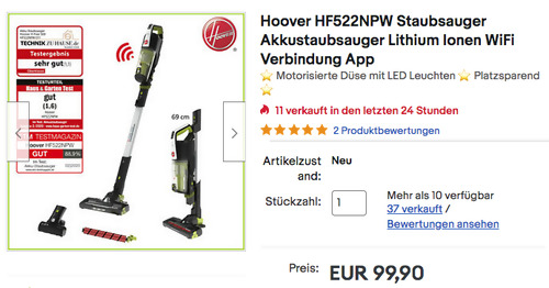 Hoover HF522NPW Akku-Staubsauger mit motorisierter Düse und LED Leuchten - jetzt 41% billiger