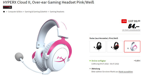 HYPERX Cloud II Over-ear Gaming Headset Pink/Weiß HYPERX Cloud II Over-ear Gaming Headset Pink/Weiß