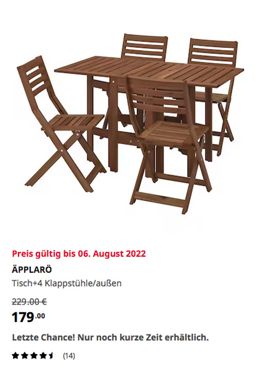 IKEA Kamen - ÄPPLARÖ Tisch+4 Klappstühle/außen, braun las., massive Akazie IKEA Kamen - ÄPPLARÖ Tisch+4 Klappstühle/außen, braun las., massive Akazie