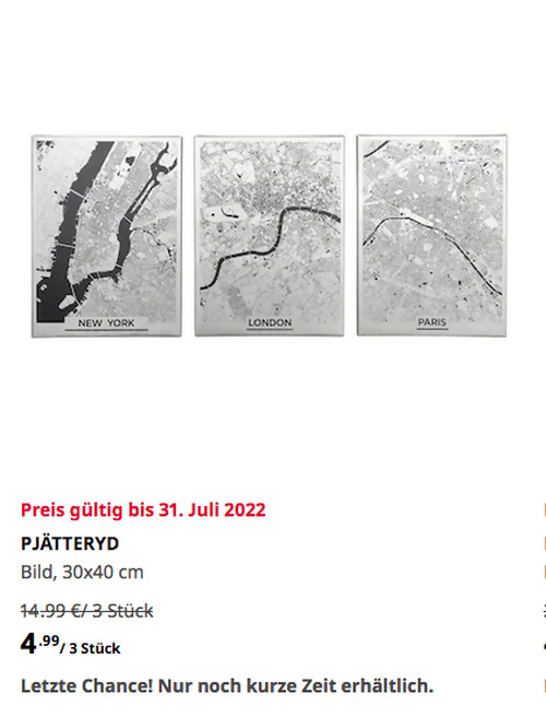 IKEA Würzburg - PJÄTTERYD Bild, große Städte, 30x40 cm, 3 Stück IKEA Würzburg - PJÄTTERYD Bild, große Städte, 30x40 cm, 3 Stück