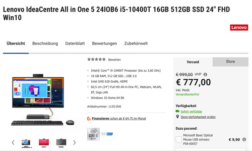 Lenovo IdeaCentre 5 24IOB6 24" All-in-One-PC (i5-10400T, 16GB, 512GB SSD, Win10 ) Lenovo IdeaCentre 5 24IOB6 24" All-in-One-PC (i5-10400T, 16GB, 512GB SSD, Win10 )