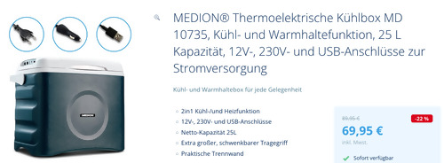 MEDION® 25 L Thermoelektrische Kühlbox MD 10735 (12V-, 230V- und USB-Anschlüsse zur Stromversorgung) - jetzt 13% billiger MEDION® 25 L Thermoelektrische Kühlbox MD 10735 (12V-, 230V- und USB-Anschlüsse zur Stromversorgung) - jetzt 13% billiger