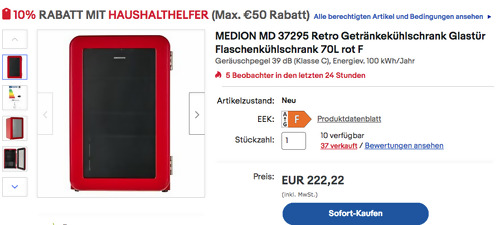 MEDION MD 37295 Retro Getränkekühlschrank in Rot, 70 Liter MEDION MD 37295 Retro Getränkekühlschrank in Rot, 70 Liter