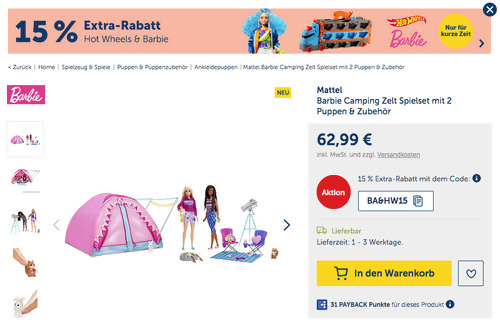 myToys.de - 15% Extra-Rabatt auf Barbie & Hot Wheels: z.B. Mattel Barbie Camping Zelt Spielset mit 2 Puppen & Zubehör myToys.de - 15% Extra-Rabatt auf Barbie & Hot Wheels: z.B. Mattel Barbie Camping Zelt Spielset mit 2 Puppen & Zubehör