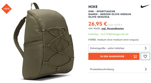 Nike One (CV0067-222) Damen Rucksack in Olive-Sequoia, ca. 38 x 30,5 x 18 cm Nike One (CV0067-222) Damen Rucksack in Olive-Sequoia, ca. 38 x 30,5 x 18 cm