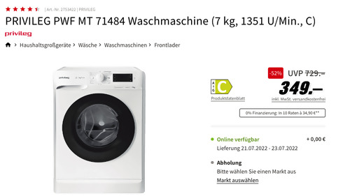 PRIVILEG PWF MT 71484 Waschmaschine (7 kg, 1351 U/Min., C) - jetzt 13% billiger PRIVILEG PWF MT 71484 Waschmaschine (7 kg, 1351 U/Min., C) - jetzt 13% billiger