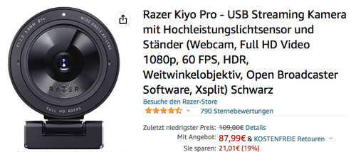 Razer Kiyo Pro - USB Streaming Kamera mit Hochleistungslichtsensor und Ständer (1080p, 60 FPS, HDR) Razer Kiyo Pro - USB Streaming Kamera mit Hochleistungslichtsensor und Ständer (1080p, 60 FPS, HDR)