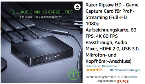 Razer Ripsaw HD - Game Capture Card für Profi-Streaming (Full-HD 1080p, 60 FPS) Razer Ripsaw HD - Game Capture Card für Profi-Streaming (Full-HD 1080p, 60 FPS)