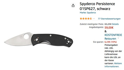 Spyderco Persistence 01SP627 Taschenmesser, 7 cm Klingenlänge Spyderco Persistence 01SP627 Taschenmesser, 7 cm Klingenlänge