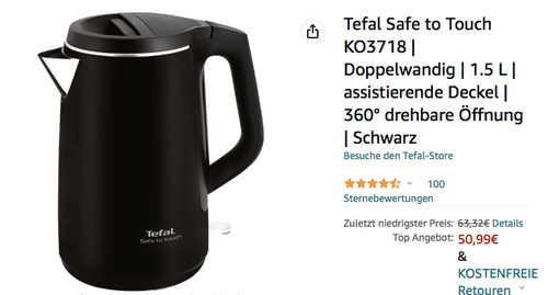Tefal KO3718 Safe to Touch 1.5 L Wasserkocher, Doppelwandig Tefal KO3718 Safe to Touch 1.5 L Wasserkocher, Doppelwandig