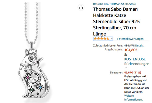 Thomas Sabo 925 Sterlingsilber Damen Halskette Katze Sternenbild, 70 cm Thomas Sabo 925 Sterlingsilber Damen Halskette Katze Sternenbild, 70 cm