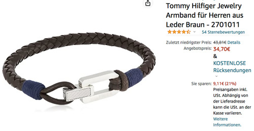 Tommy Hilfiger 2701011 Jewelry Herren Leder-Armband in Braun, 21.5 cm Tommy Hilfiger 2701011 Jewelry Herren Leder-Armband in Braun, 21.5 cm