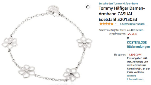 Tommy Hilfiger 2780369 17,5 cm Armband mit Blumenmotiven, Edelstahl Tommy Hilfiger 2780369 17,5 cm Armband mit Blumenmotiven, Edelstahl