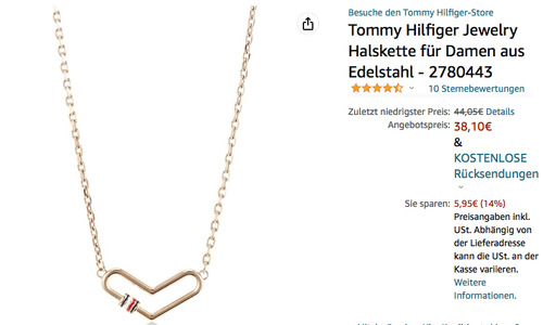 Tommy Hilfiger 2780443 Jewelry 40,6 cm Damen Halskette mit Herz-Anhänger, Edelstahl mit Nelkengoldbeschichtung Tommy Hilfiger 2780443 Jewelry 40,6 cm Damen Halskette mit Herz-Anhänger, Edelstahl mit Nelkengoldbeschichtung