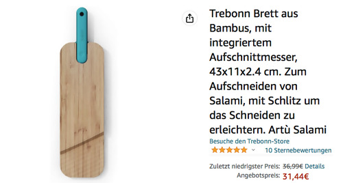 Trebonn Artu Bambus-Schneidebrett mit mit integriertem Aufschnittmesser, 43x11x2.4 cm - jetzt 15% billiger Trebonn Artu Bambus-Schneidebrett mit mit integriertem Aufschnittmesser, 43x11x2.4 cm - jetzt 15% billiger