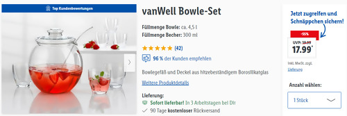 vanWell 9 tlg. Bowle-Set,  ca. 4,5 l Borosilikatglas - jetzt 23% billiger