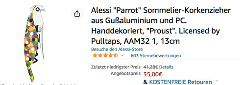 Alessi AAM32 1 "Parrot Proust" Sommelier-Korkenzieher, 13cm - jetzt 15% billiger Alessi AAM32 1 "Parrot Proust" Sommelier-Korkenzieher, 13cm - jetzt 15% billiger