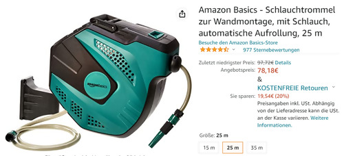 Amazon Basics - 25 Meter Schlauchtrommel zur Wandmontage, automatische Aufrollung Amazon Basics - 25 Meter Schlauchtrommel zur Wandmontage, automatische Aufrollung