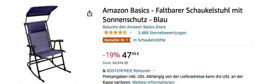 Amazon Basics - Faltbarer Schaukelstuhl mit Sonnenschutz in Blau Amazon Basics - Faltbarer Schaukelstuhl mit Sonnenschutz in Blau