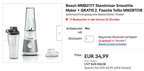 Bosch MMB2111T Standmixer Smoothie Maker + GRATIS 2. Flasche ToGo MMZBT01B, 450 W Bosch MMB2111T Standmixer Smoothie Maker + GRATIS 2. Flasche ToGo MMZBT01B, 450 W