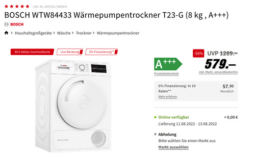 BOSCH WTW84433 Wärmepumpentrockner T23-G (8 kg , A+++) inkl. 80 Adidas Geschenkkarte BOSCH WTW84433 Wärmepumpentrockner T23-G (8 kg , A+++) inkl. 80 Adidas Geschenkkarte