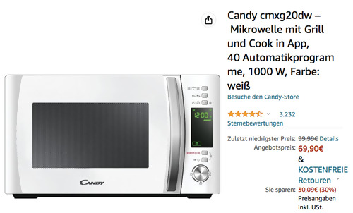 Candy CMXG 20 DW Mikrowelle mit Grill, weiß (40 Automatikprogramme, 1000 W) Candy CMXG 20 DW Mikrowelle mit Grill, weiß (40 Automatikprogramme, 1000 W)