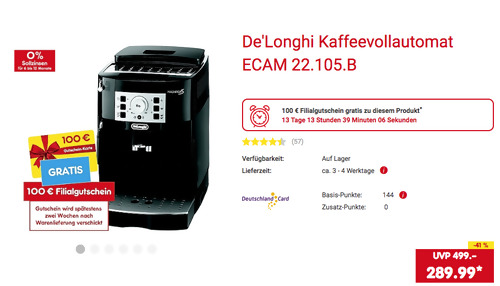 De'Longhi Kaffeevollautomat ECAM 22.105.B inkl. 100 Netto Marken-Discount Filialgutschein De'Longhi Kaffeevollautomat ECAM 22.105.B inkl. 100 Netto Marken-Discount Filialgutschein