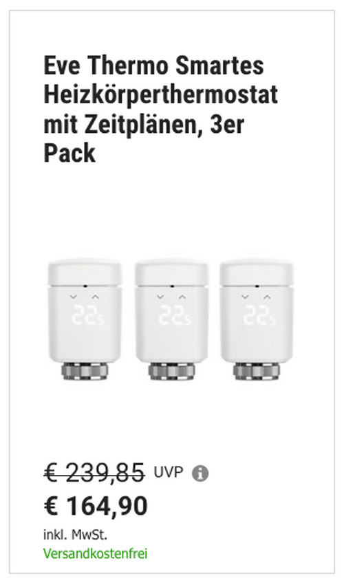 Eve Thermo Smartes Heizkörperthermostat mit Zeitplänen, 3er Pack Eve Thermo Smartes Heizkörperthermostat mit Zeitplänen, 3er Pack