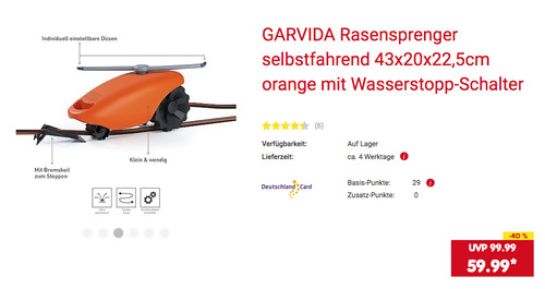 GARVIDA selbstfahrender Rasensprenger, fährt selbstständig der ausgelegten Schlauchspur entlang GARVIDA selbstfahrender Rasensprenger, fährt selbstständig der ausgelegten Schlauchspur entlang