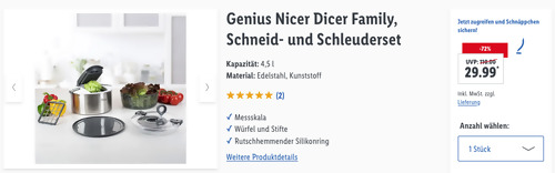 Genius Nicer Dicer Family 7-tlg. Schneid- und Schleuderset, 4,5 Liter Genius Nicer Dicer Family 7-tlg. Schneid- und Schleuderset, 4,5 Liter