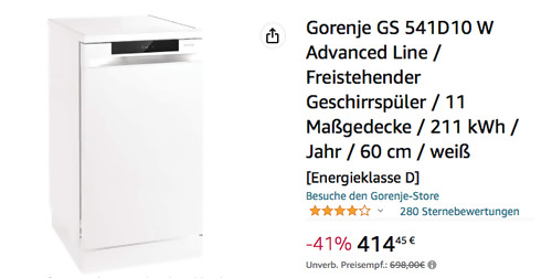 Gorenje GS 541D10 W Advanced Line 45 cm Geschirrspüler, weiß Gorenje GS 541D10 W Advanced Line 45 cm Geschirrspüler, weiß