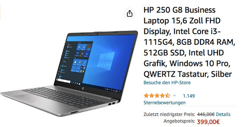 HP 250 G8 2W9A7EA 15,6 Zoll Business Laptop ( i3-1115G4, 8GB DDR4 RAM, 512GB SSD, Intel UHD Grafik, Windows 10 Pro) HP 250 G8 2W9A7EA 15,6 Zoll Business Laptop ( i3-1115G4, 8GB DDR4 RAM, 512GB SSD, Intel UHD Grafik, Windows 10 Pro)