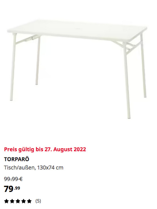 IKEA Hamburg-Schnelsen - TORPARÖ Tisch/außen, weiß/faltbar, 130x74 cm - jetzt 20% billiger