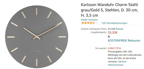 Karlsson KA5821GY Wanduhr Charm, 30 cm Karlsson KA5821GY Wanduhr Charm, 30 cm