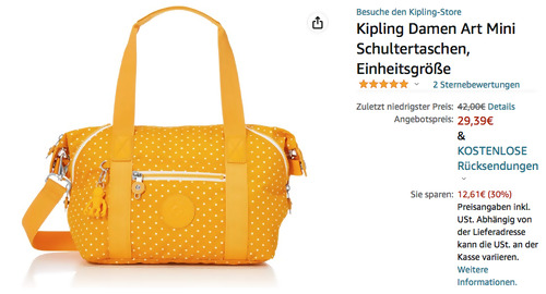 Kipling Damen Art Mini Schultertasche in Soft Dot Gelb, 18.5 x 39 x 20 cm Kipling Damen Art Mini Schultertasche in Soft Dot Gelb, 18.5 x 39 x 20 cm