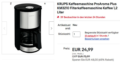 Krups KM3210 Pro Aroma Plus Filterkaffeemaschine, Aroma-Wahlschalter Krups KM3210 Pro Aroma Plus Filterkaffeemaschine, Aroma-Wahlschalter
