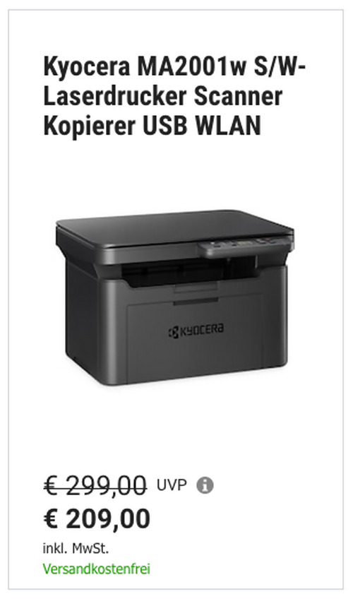 Kyocera MA2001w 3-in-1 S/W-Laserdrucker (A4, USB, WLAN, App) Kyocera MA2001w 3-in-1 S/W-Laserdrucker (A4, USB, WLAN, App)