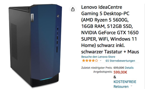 Lenovo 90RW0038GE IdeaCentre Gaming 5 Desktop-PC (AMD Ryzen 5 5600G, 16GB RAM, 512GB SSD, NVIDIA GeForce GTX 1650 SUPER, WiFi, Windows 11 Home) Lenovo 90RW0038GE IdeaCentre Gaming 5 Desktop-PC (AMD Ryzen 5 5600G, 16GB RAM, 512GB SSD, NVIDIA GeForce GTX 1650 SUPER, WiFi, Windows 11 Home)