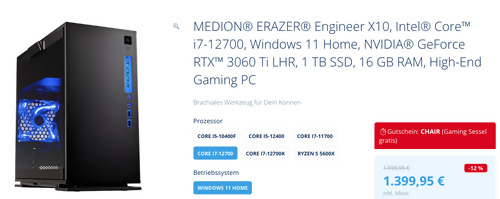 MEDION® ERAZER® Engineer X10 Intel® Core i7-12700 NVIDIA® GeForce RTX 3060 Ti LHR Gaming-PC (1 TB SSD, 16 GB RAM, Windows 11 Home) MEDION® ERAZER® Engineer X10 Intel® Core i7-12700 NVIDIA® GeForce RTX 3060 Ti LHR Gaming-PC (1 TB SSD, 16 GB RAM, Windows 11 Home)