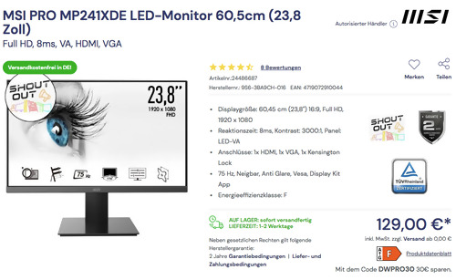MSI PRO MP241XDE 60,5cm (23,8 Zoll) LED-Monitor (Full HD, 8ms, VA, HDMI, VGA) MSI PRO MP241XDE 60,5cm (23,8 Zoll) LED-Monitor (Full HD, 8ms, VA, HDMI, VGA)