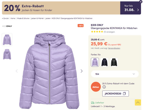 myToys.de - 20% Extra-Rabatt auf Jacken & Hosen für Kinder: z.B. KIDS ONLY Mädchen Übergangsjacke KONTANEA in Lila (128-164) myToys.de - 20% Extra-Rabatt auf Jacken & Hosen für Kinder: z.B. KIDS ONLY Mädchen Übergangsjacke KONTANEA in Lila (128-164)