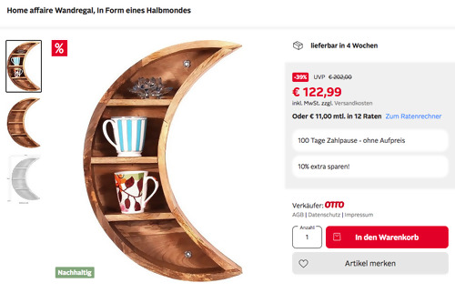 Otto.de - 10% Rabatt auf Wohnen-Sortiment: z.B. Home affaire Wandregal in Form eines Halbmondes (massives Mangoholz, 40x13x60 cm) Otto.de - 10% Rabatt auf Wohnen-Sortiment: z.B. Home affaire Wandregal in Form eines Halbmondes (massives Mangoholz, 40x13x60 cm)