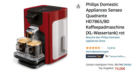 Philips Domestic Appliances Senseo Quadrante HD7865/80 Kaffeepadmaschine in Rot (1.2 Liter, Kaffee-Boost Technologie) Philips Domestic Appliances Senseo Quadrante HD7865/80 Kaffeepadmaschine in Rot (1.2 Liter, Kaffee-Boost Technologie)