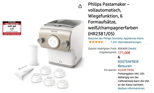 Philips HR2381/05 Pastamaker mit 6 Formaufsätzen Philips HR2381/05 Pastamaker mit 6 Formaufsätzen