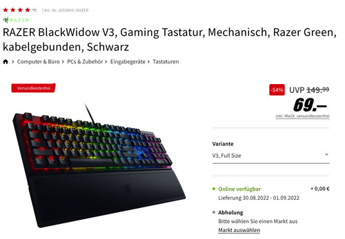 RAZER BlackWidow V3 Razer Green Gaming Tastatur (Mechanisch, Full size) RAZER BlackWidow V3 Razer Green Gaming Tastatur (Mechanisch, Full size)