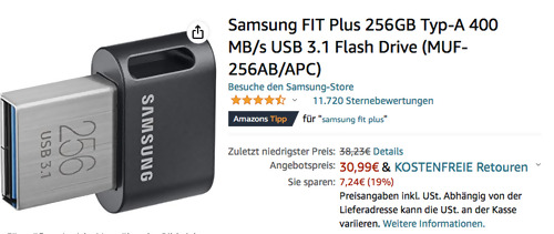 Samsung (MUF-256AB/APC) FIT Plus 256GB Typ-A 400 MB/s USB 3.1 Flash Drive Samsung (MUF-256AB/APC) FIT Plus 256GB Typ-A 400 MB/s USB 3.1 Flash Drive