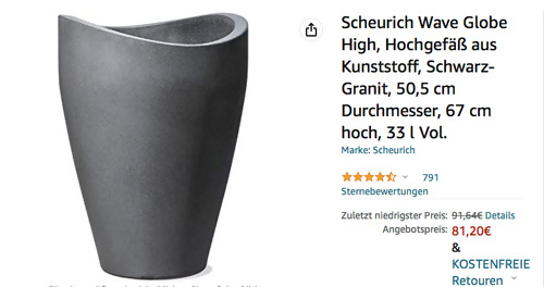 Scheurich Wave Globe High 67 cm Hochgefäß in Schwarz-Granit, 33 l Vol. Scheurich Wave Globe High 67 cm Hochgefäß in Schwarz-Granit, 33 l Vol.