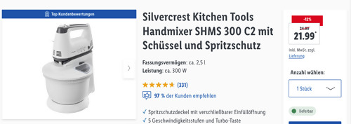 Silvercrest Kitchen Tools Handmixer SHMS 300 C2 mit Schüssel und Spritzschutz, ca. 2,5 Liter Silvercrest Kitchen Tools Handmixer SHMS 300 C2 mit Schüssel und Spritzschutz, ca. 2,5 Liter